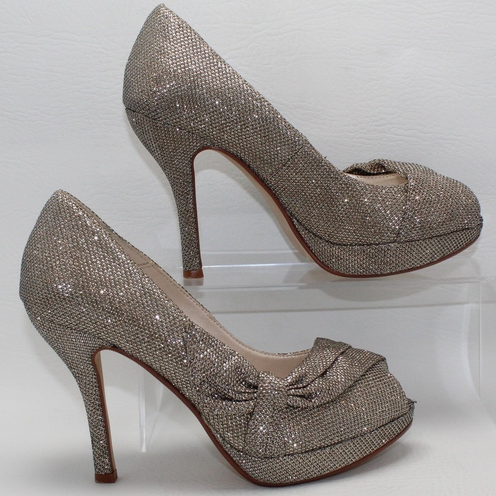 Caparros‎ Womens 6.5 Champagne Glitter Peep Toe Bow Platform Stiletto Heels